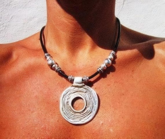 Boho Leather Silver Beaded Necklace • Handmade Charm Pendant