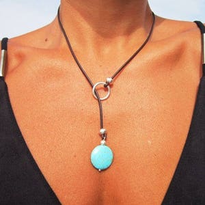 resin turquoise leather necklace, lariat necklace, y shapped necklace, turquoise jewelry, y silver necklace, bohemian jewelry image 6