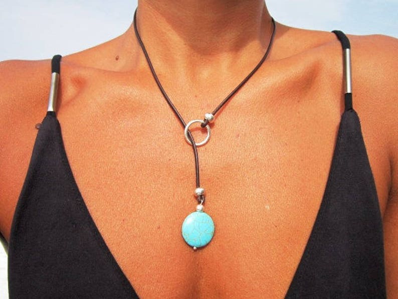 resin turquoise leather necklace, lariat necklace, y shapped necklace, turquoise jewelry, y silver necklace, bohemian jewelry image 6