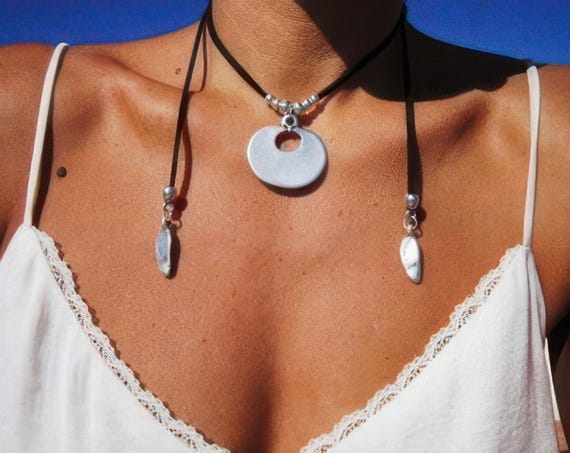 Statement Silver Chunky Pendant leather Necklace • Bohemian Neotribal Jewelry • Custom necklace Best Selling Items