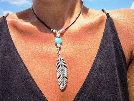 Turquoise Leather Choker Necklace • Silver Necklaces for Women • Bohemian Handmade Turquoise Jewelry Pendant • Best selling items by kekugi