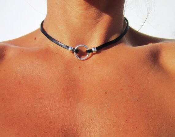 Discreet collar Leather Choker Necklace beaded with ring charm • Custom Personalized Jewelry gift
