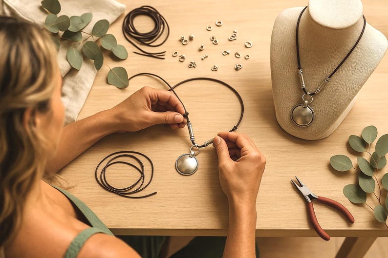 A woman is carefully crafting a necklace using various materials, including leather cords, beads, and pliers, on a wooden table.