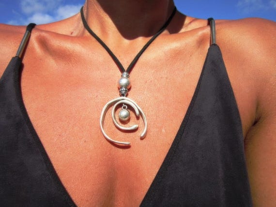Statement Silver Chunky Pendant leather Necklace • Bohemian Jewelry Gift for Her • Boho Necklace