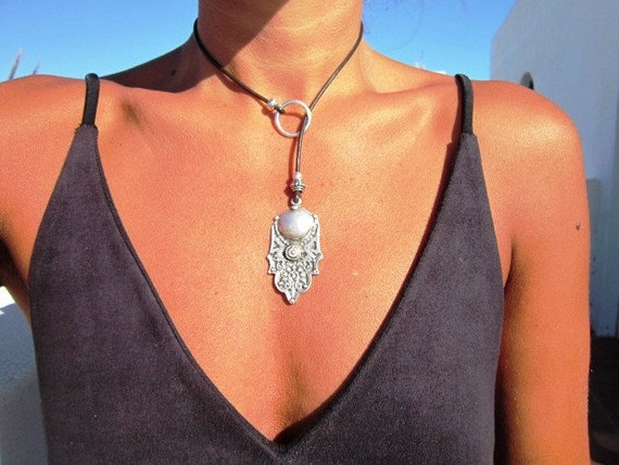 statement Y necklace choker, silver beaded necklace, womens lariat necklace, bohemian festival jewelry