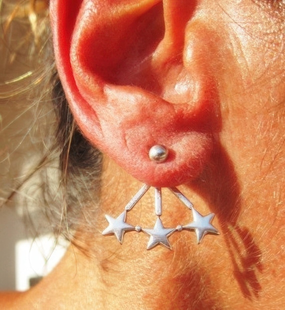 1 pair  2 pcs silver stars ear jacket, Gift for her hook sterling silver earrings dangle, drop earrings. cute boho unique earrings by kekugi