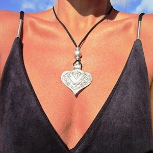 Boho Leather and Silver Beaded Pendant Heart Necklace • Couples Long Statement Chunky Charm Necklace Gift for Her • Bohemian Jewelry
