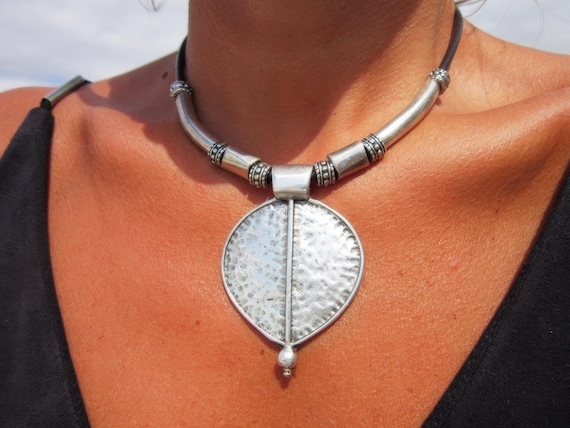 Chunky Silver Pendant Necklace • Handmade Leather Cord Necklace