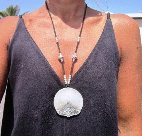 Statement Silver Chunky Pendant leather Necklace • Bohemian Neotribal Jewelry • Custom necklace Best Selling Items • Host Gift for Her