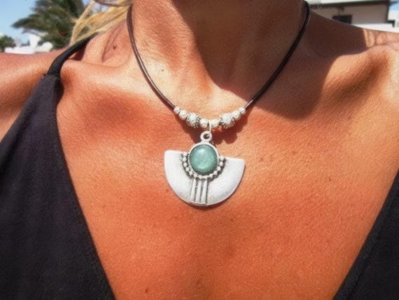 Silver Beaded Y Lariat Necklace • Emerald Resin Charm, Bohemian Jewelry