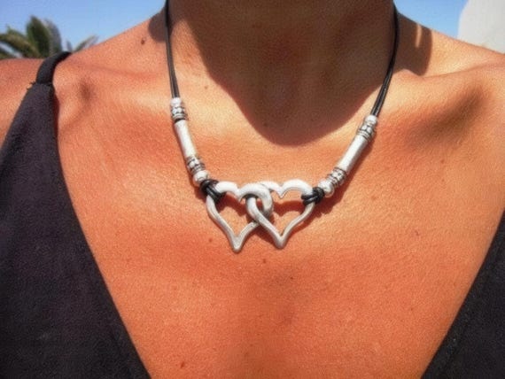 Couples Beaded Heart Necklace with Silver Pendant Charm • Bohemian Handmade jewelry Necklaces for Women • Personalized Jewelry Gift for Her