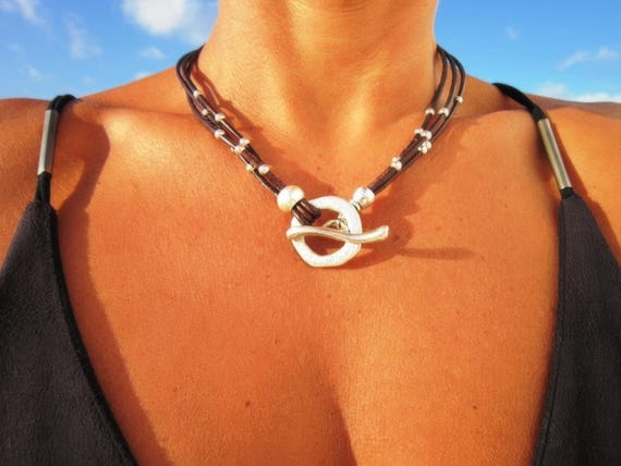 Silver Beaded Leather Choker Necklace • personalized Matching Couples Necklaces for Women • Bohemian Handmade Jewelry • Best selling items