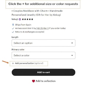 The image is a screenshot of a website's checkout page, displaying a form for adding personalization to a necklace. The form includes fields for selecting the necklace's length, primary color, and additional customization options.
