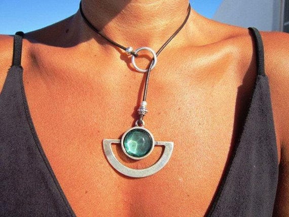 womens circle Y necklace, simple silver emerald lariat necklace, personalized gift, bohemian jewelry