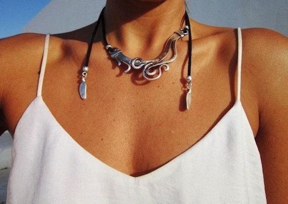 Statement Silver Chunky Pendant leather Necklace • Bohemian Neotribal Jewelry • Custom necklace Best Selling Items • Host Gift for Her