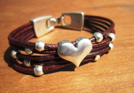 Bohemian leather and silver beaded bracelet jewelry with heart • Handmade personalized jewelry gifts • Custom bracelet gift for her