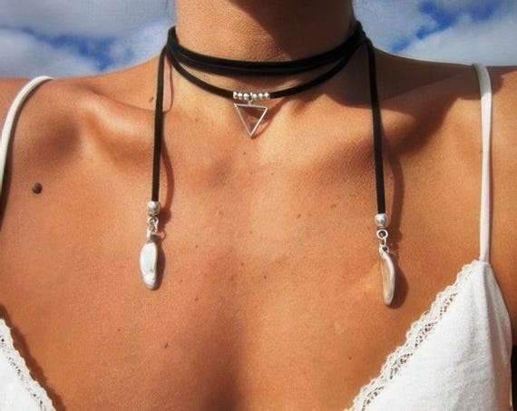 Boho Leather and Silver Beaded Pendant Necklace • Long Statement Chunky Charm Necklace Gift for Her • Bohemian Jewelry Gift for Host