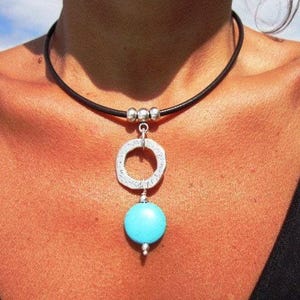 Turquoise Leather Choker pendant Necklace • Silver Necklaces for Women • Bohemian Handmade Turquoise Jewelry • Best selling items by kekugi