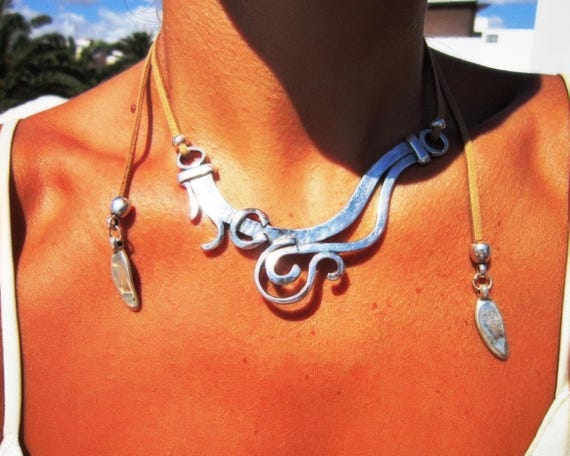 Statement Silver Chunky Pendant leather Necklace • Bohemian Neotribal Jewelry • Custom necklace Best Selling Items • Host Gift for Her