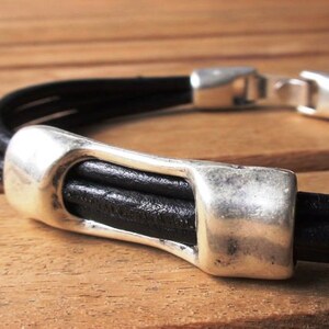 Silver and Leather mens bracelet, friendship couples bracelet, men cuff bracelet, handmade silver mens jewelry, unique gifts for men image 3