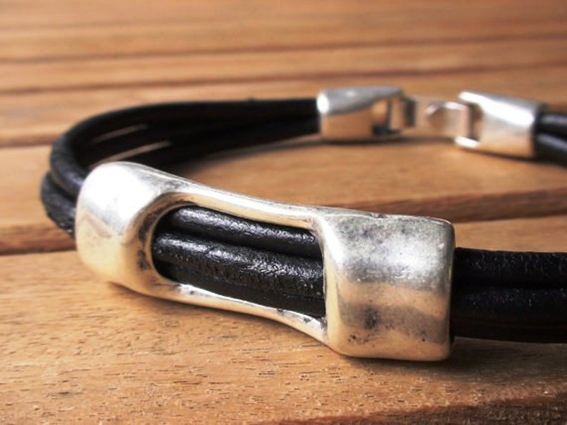 Silver and Leather mens bracelet, friendship couples bracelet, men cuff bracelet, handmade silver mens jewelry, unique gifts for men image 3