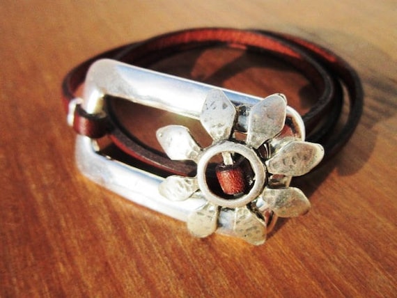 Flower Wrap Bracelet   Beaded Leather Fashion Jewelry for Women  Stylish Silver Girlfriend Gift