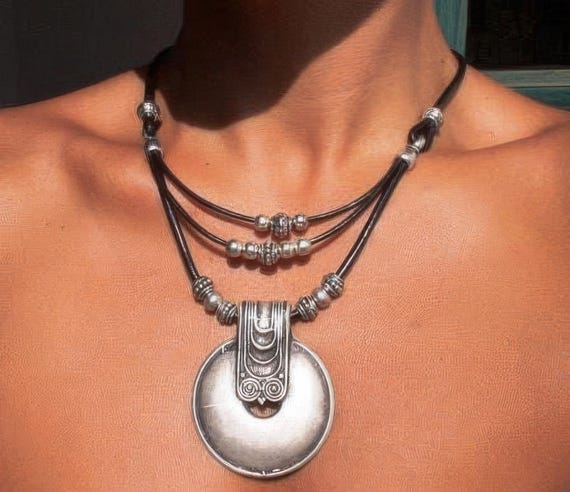 Silver Boho Chic Pendant Necklace  Handmade Leather Jewelry by Kekugi  Unique Gift Ideas for Her