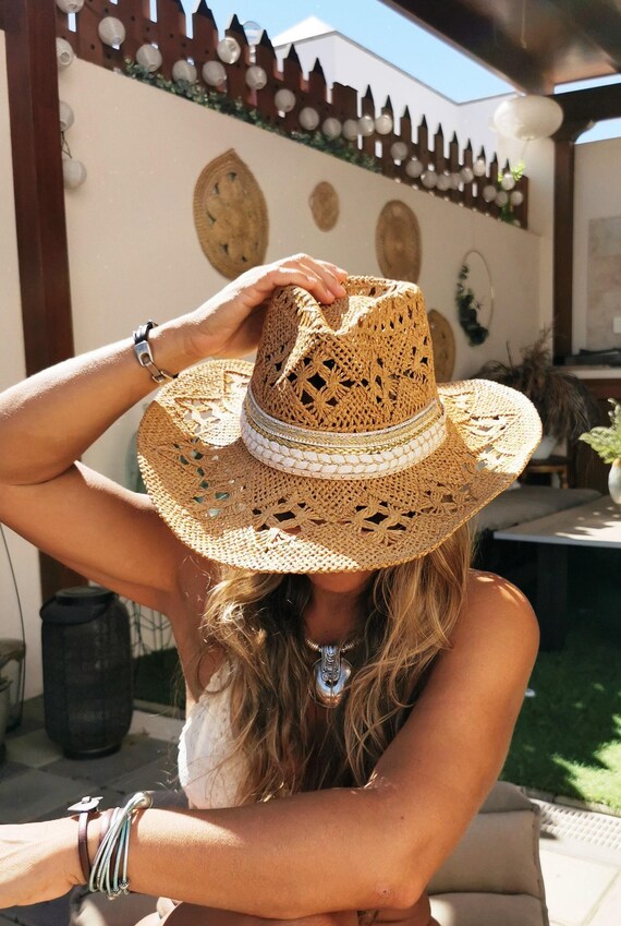 Cowboy straw Hat for Bride or bachelorette party, Coastal cowgirl hat, Handmade hats Bohemian festival Summer Accessory