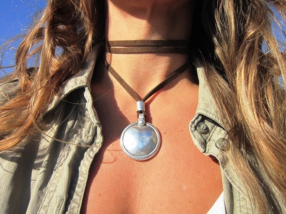 Statement Silver Chunky Pendant leather Necklace • Bohemian Neotribal Jewelry
