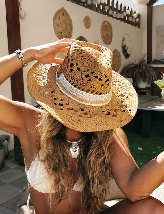 summer straw sun hat, Handmade sun hats, Boho cowboy hats for women, bohemian beach festival hat, boho cowgirl hats for women