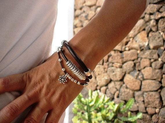 Bohemian Leather and Silver Beaded Bracelet Jewelry • Handmade Personalized Jewelry Gifts • Custom Bracelet Gift for Her by Kekugi