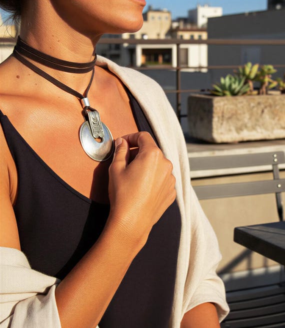 Chunky Statement Necklace Pendant in silver and leather • Bohemian Jewelry