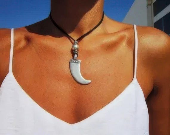 Boho Leather and Silver Beaded Tusk Pendant Necklace • Long Statement Chunky Charm Necklace Gift for Her • Bohemian Jewelry