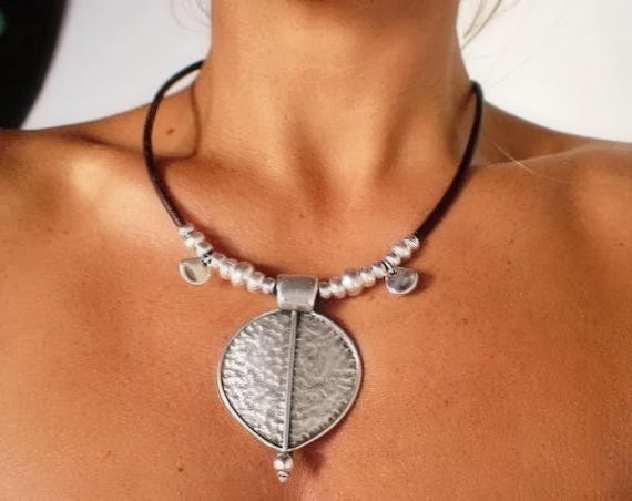 Leather & Silver Pendant Necklace • Chunky Beaded Boho Jewelry