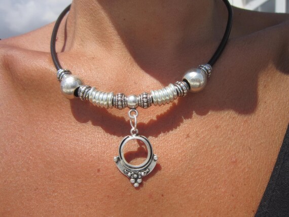 statement boho chic silver pendant necklace, boho jewelry, bohemian jewelry, boho chic jewelry, leather handmade jewelry gift ideas for her