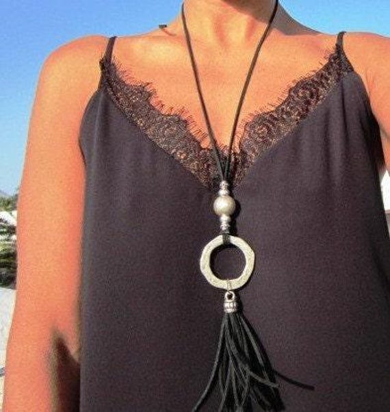 long necklace, tassel necklaces, bohemian jewelry, leather tassel, silver necklaces, tassel jewelry, ring necklace, silver ring, eternity