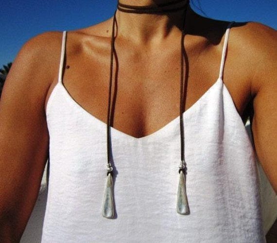 Boho Leather and Silver Beaded Pendant Necklace • Long Statement Chunky Charm Necklace Gift for Her • Bohemian Jewelry Gift for Host