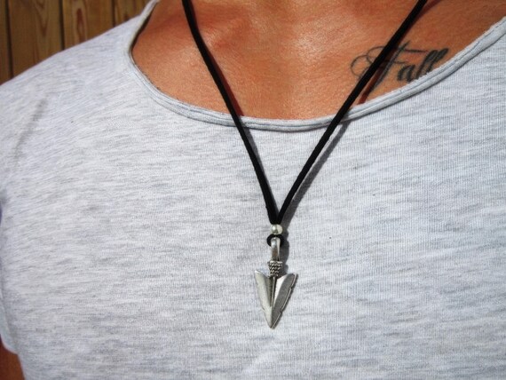 Mens silver Arrowhead with Leather Pendant Necklace