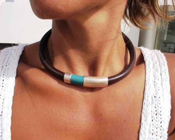 Turquoise Leather Choker Necklace • Silver Necklaces for Women • Bohemian Handmade Turquoise Greek Jewelry • Best selling items by kekugi