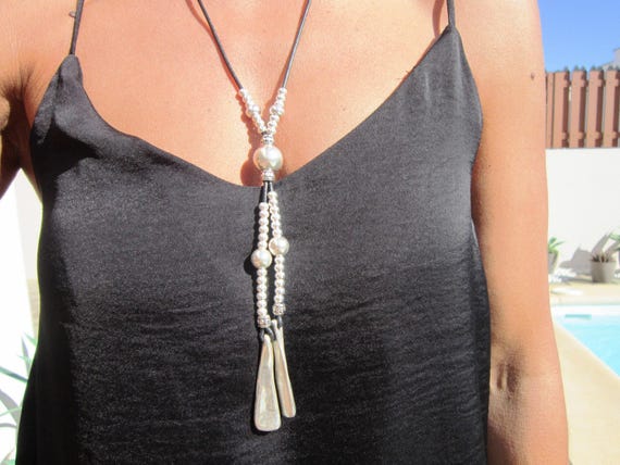 Boho Leather and Silver Beaded Pendant Necklace • Long Statement Chunky Charm Necklace Gift for Her • Bohemian Jewelry by kekugi