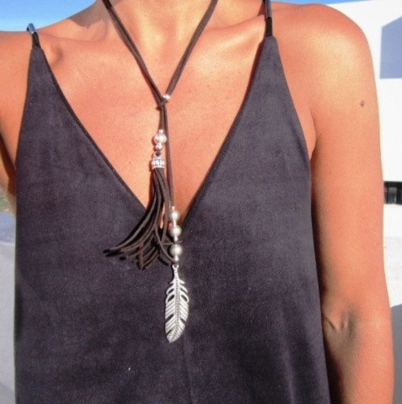 Bohemian feather necklace, leather necklaces for women, long pendant necklace, boho necklace, leather cord necklace, long necklace boho