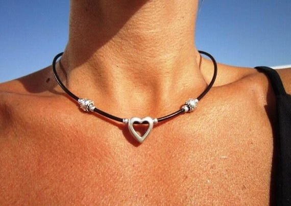 Heart pendant necklace, heart silver jewelry, silver and leather Choker necklaces