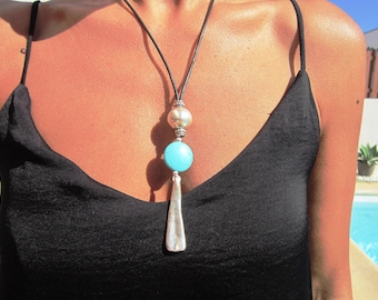 Statement Silver Chunky Pendant leather Necklace • Bohemian Neotribal Jewelry • Custom necklace Best Selling Items • Host Gift for Her
