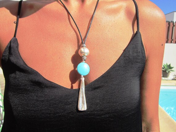 Statement Silver Chunky Pendant leather Necklace • Bohemian Neotribal Jewelry • Custom necklace Best Selling Items • Host Gift for Her