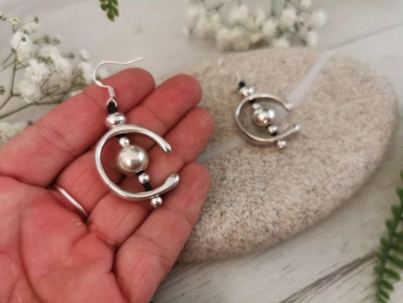 Statement drop beaded silver earrings • personalized jewelry gift for her • Drop beaded boho earrings dangle • Handmade jewelry by kekugi