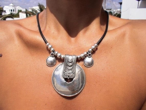 Ethnic african jewelry, statement boho chic silver pendant necklace, boho chic jewelry, bohemian leather handmade jewelry designs by kekugi