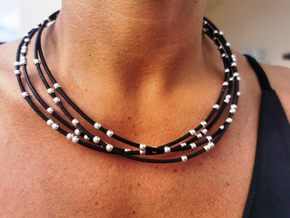 BIG BEADED NECKLACE, statement necklaces, beaded boho jewelry, womens leather necklace, silver necklaces for women, handmade jewelry