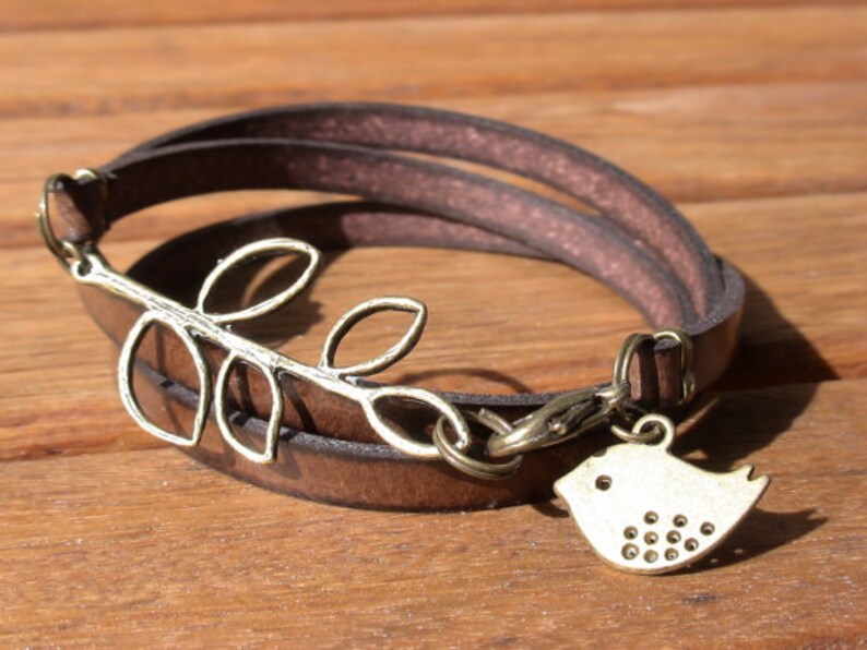 bird bracelet, womens bracelets, bronze bracelet, leather bracelet, beaded Bracelets, fashion jewelry, accessories, charm Bracelet image 1