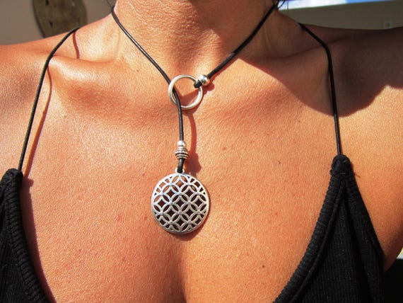 Dainty silver ring necklace for women, Y lariat necklace, flower of life pendant necklace, simple silver Lariat Necklace