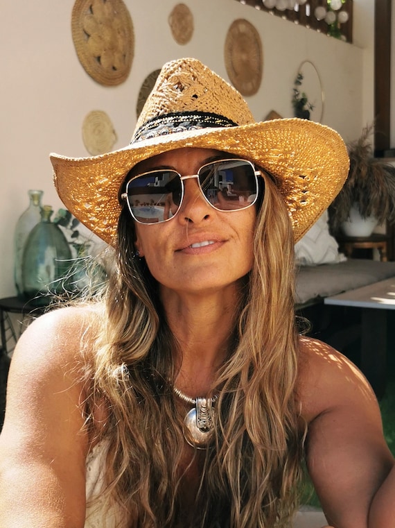 Handmade Straw Sun Hat with Coins  Boho Cowboy Hat for Women  Festival-Ready Beach Hat